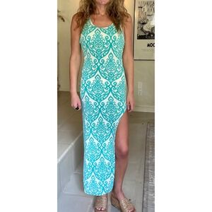 Voll Style Teal White Damask Ikat Racerback Maxi Dress High Side Slit Small